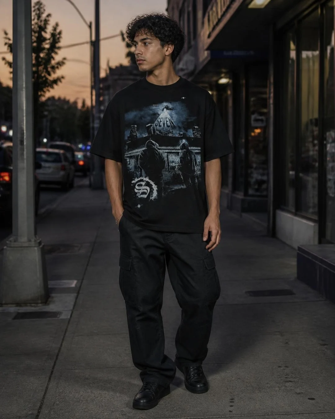 Modelo con la playera negra Ciudad de SEVEN
